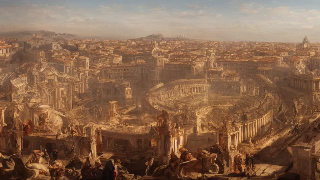 Prompt: Trending on artstation, Rome during emperor Nero\'s prime, detailed matte painting, oil on canvas