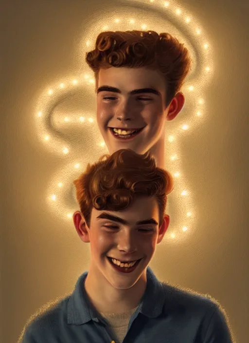 Image similar to portrait of teenage archie andrews, freckles, curly middle part haircut, curly hair, smiling kindly, friendly, 1 9 5 0 s, intricate, elegant, glowing lights, highly detailed, digital painting, artstation, concept art, smooth, sharp focus, illustration, art by wlop, mars ravelo and greg rutkowski