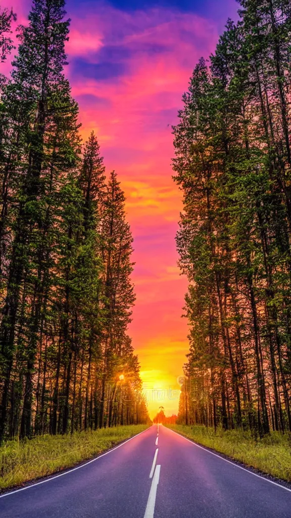 Image similar to beautiful sunset with a road of aligned trees, epic stock photo