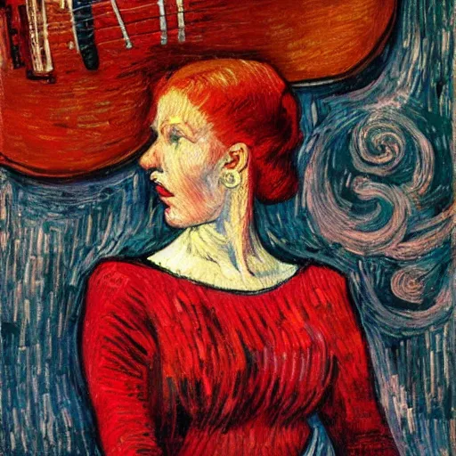 Image similar to woman with red hair red dress at the center of the stage playing redwood violin, artistic, renaissance, soft, detailed, vincent van gogh, greg rutowski, michaelangelo, artwork of the century, precision