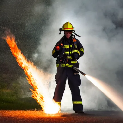 Image similar to photo of a firefighter using a flamethrower projecting a long bright flame. award-winning, highly-detailed