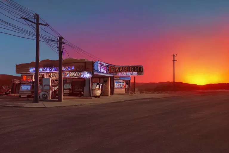 Image similar to a sunset light landscape with historical route 6 6, lots of sparkling details and sun ray ’ s, blinding backlight, smoke, volumetric lighting, colorful, octane, 3 5 mm, abandoned gas station, old rusty pickup - truck, beautiful epic colored reflections, very colorful heavenly, softlight