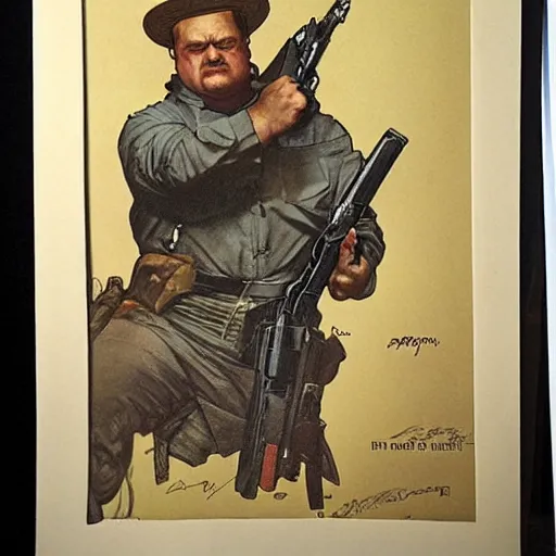 Image similar to gk chesterton as a hero with muscles and a shotgun. portrait by james gurney and craig mullins and alphonso mucha. realistic face. expressive face.