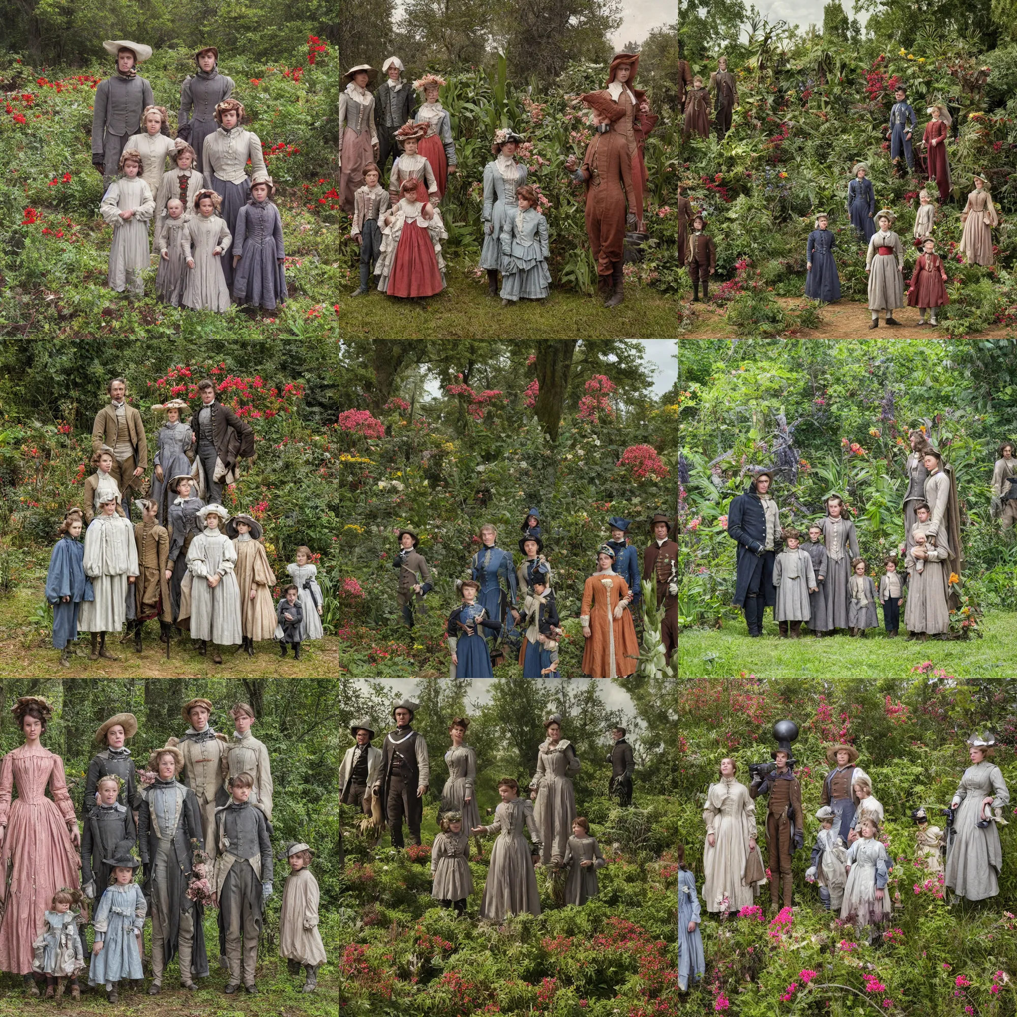 Prompt: sharp, highly detailed, 9216k film, 17500mm film still from a sci fi blockbuster color movie made in 2019, set in 1860, of a family standing in a park, next to some strange alien plants and flowers, on an alien planet, the family are all wearing 1860s era clothes, good lighting, enhanced faces, atmospheric, 350mm f/1.4L lens