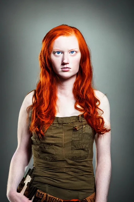 Image similar to intense portrait of a redheaded huntress, age 23, by jake hicks, by michael malm, 55mm, f/1.2, cinematic lighting, dark background