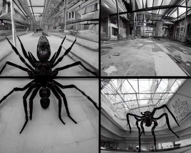 Prompt: camera footage of a Gigantic spider in an abandoned shopping mall, high exposure, dark, monochrome, camera, grainy, CCTV, security camera footage, timestamp, zoomed in, fish-eye lens, spiders, spider, spider, spider,