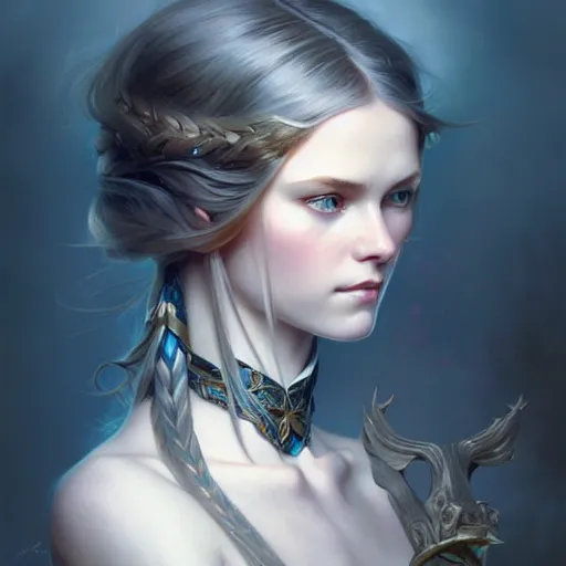 Image similar to Portrait of nordic girl, blue eyes, face, fantasy, intricate, elegant, highly detailed, digital painting, artstation, concept art, smooth, sharp focus, illustration, art by artgerm and greg rutkowski and alphonse mucha