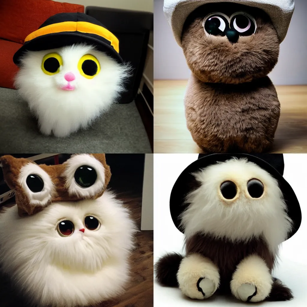 Prompt: super cute fluffy plushy creature with huge eyes wearing a hat