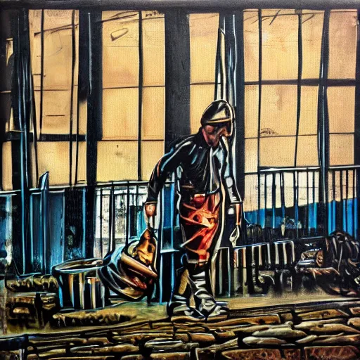 Prompt: A strong Glaswegian welder walks out of the shipyards, in the style of Peter Howson,