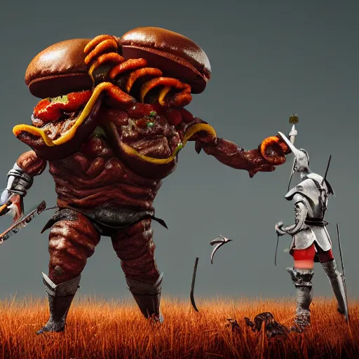 Prompt: a warrior fighting a giant cheeseburger demon that spits mustard. eldenring boss, zbrush, arnold render, unrealengine 5, dark souls, horror, extremely detailed