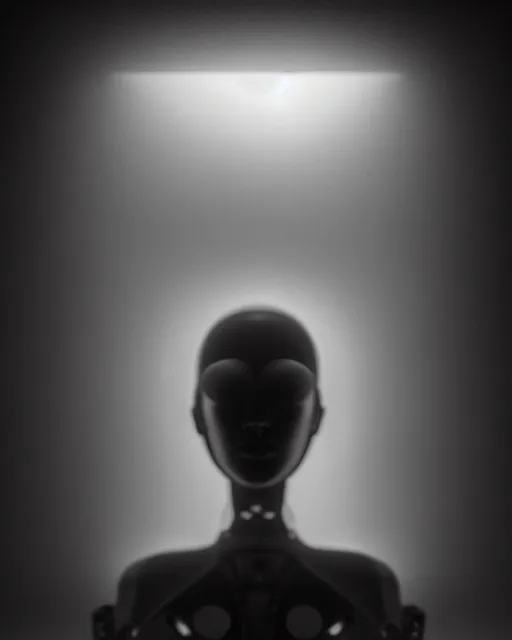 Image similar to black and white high quality photo of a beautiful female AI vegetal-cyborg looking into a sci-fi mirror, volumetric lighting, liminal space, brutalism, foggy, dreamy, hyperdetailed, bokeh, photorealistic, cinematic, masterpiece, Metropolis, Fritz Lang, elegant, dark, by Man Ray in the style of Horst P. Horst, octane render, 8K,