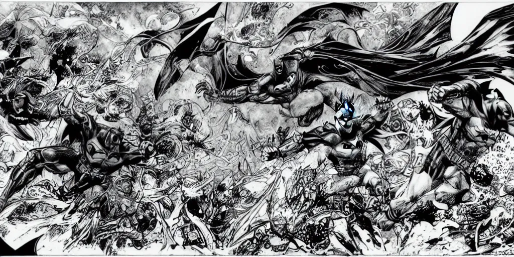 Prompt: batman underwater two page spread. original line drawing by ethan van sciver.