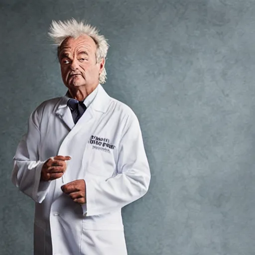 Image similar to !dream the roll of Rick Sanchez will be played by Bill Murray, spikey hair, white lab coat, photography