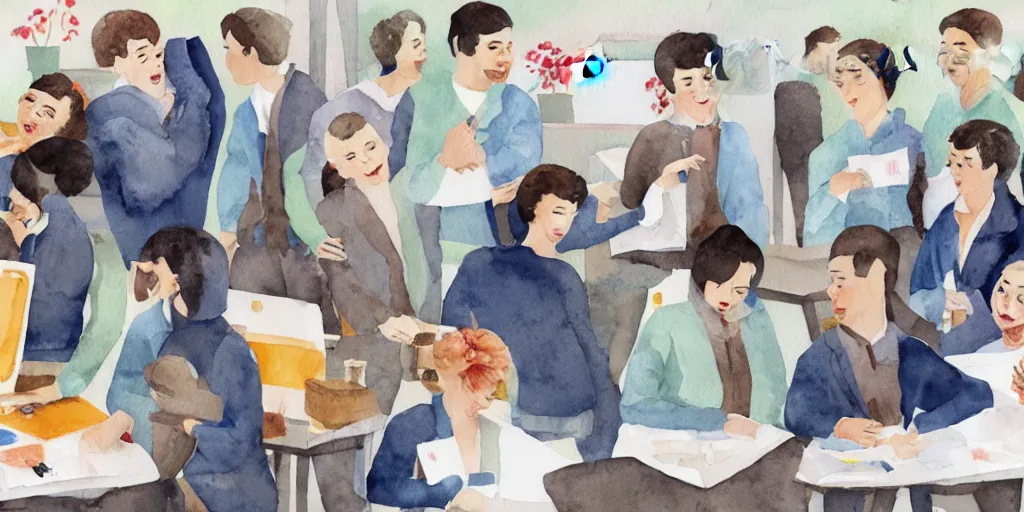 Image similar to watercolor illustration style, group of office workers cats in jackets select a different type of project before start design production, business, inspiring art