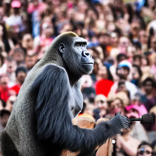 Image similar to a gorilla singing to a large crowd of people at an outdoor stadium concert. highly detailed. 8 5 mm f 1 1 canon eos