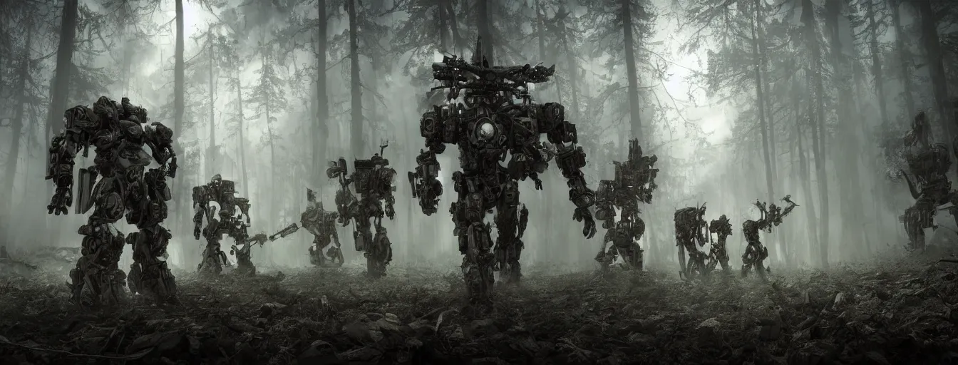 Prompt: image of deep forest with terrific and creepy mechwarriors with volumetric lights, running and hunting people, post - apocalyptic style, high detail, dramatic moment, motion blur, ground fog, dark atmosphere, saturated colors, by james paick, render unreal engine - h 7 0 4
