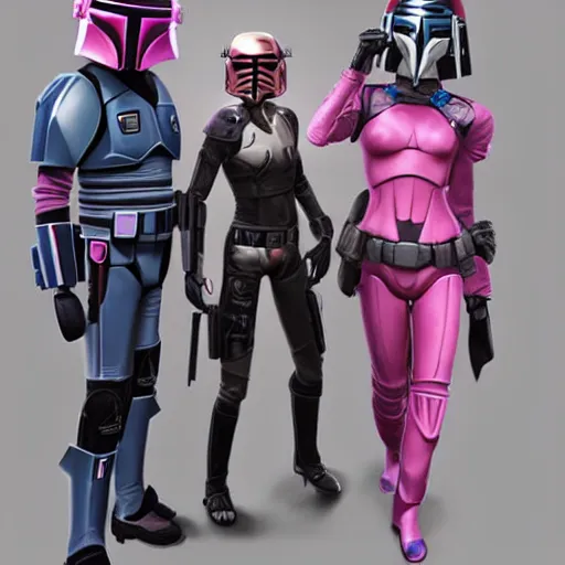 Image similar to bo katan, koska reeves, and a very fancy female mandalorian in a pink suit and bedazzled helmet. digital art. photo realistic. 4 k. intricate. detailed. by krenz cush art simon fetscher.