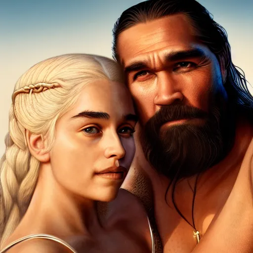 Image similar to beautiful serene intricate portrait of daenerys targaryen and khal drogo taking a selfie, smiling softly, relaxing on the beach, golden hour, soft focus, 8 k, art by irakli nadar, hyperrealism, hyperdetailed, ultra realistic