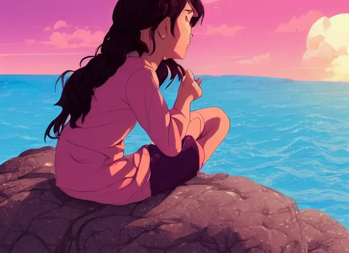 Image similar to little girl with short wavy curly light brown hair sitting on a rock. background pink and blue sunrise. clean cel shaded vector art. shutterstock. behance hd by lois van baarle, artgerm, helen huang, by makoto shinkai and ilya kuvshinov, rossdraws, illustration, art by ilya kuvshinov
