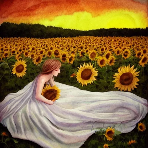 Image similar to Bedsheet Ghost in a field of sunflowers, sunset, Watercolor, photorealistic, high resolution, award winning, trending on artstation