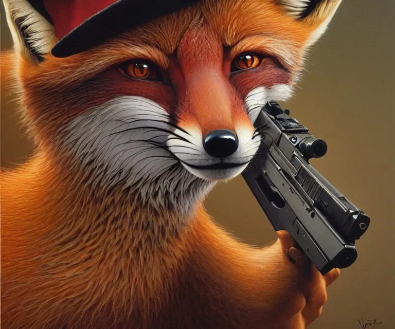 Image similar to hyper detailed 3d render like a Oil painting - portrait of an anthro fox wearing a beret and pointing a glock at the camera, by Jacek Yerka, Mariusz Lewandowski, Houdini algorithmic generative render, Abstract brush strokes, Masterpiece, Edward Hopper and James Gilleard, Zdzislaw Beksinski, Mark Ryden, Wolfgang Lettl, hints of Yayoi Kasuma, octane render, 8k