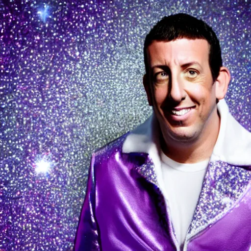 Prompt: Adam Sandler with silver-violet hair, white eyes and golden glittery dress, wide lens, diorama, 4k,