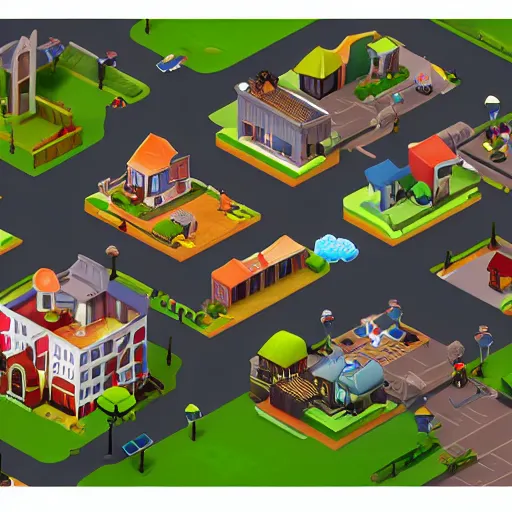 Prompt: isometric town, style of Hello Neighbor, dim lighting