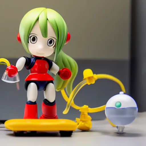 Image similar to photo of figma figures in a diorama of a laboratory : : roll is repairing computers, and she is a cute female ball - jointed robot ( in the style of mega man ) with blonde hair with bangs and a ponytail tied with a green ribbon. she is wearing a red one - piece dress with a white collar, and red boots.