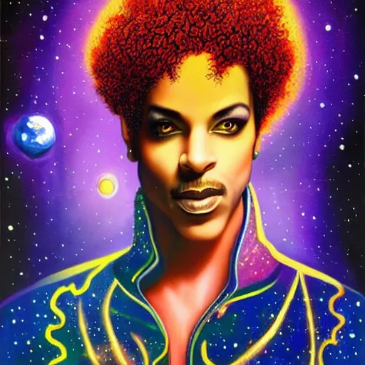 Image similar to a cosmic painting of prince in space. trending on artstation.