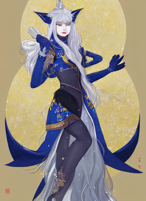 Image similar to commissioned full body portrait of a female anthro werewolf princess fursona with white hair wearing a white and gold Chinese armored dress in a white and gold palace on a starry night with a large crescent moon, by a professional manga illustrator, Stanley Artgerm Lau, WLOP, Rossdraws, James Jean, Andrei Riabovitchev, Marc Simonetti, and Sakimichan, trending on artstation