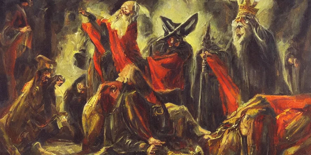 Image similar to oil painting of wizard dragged from king's chamber