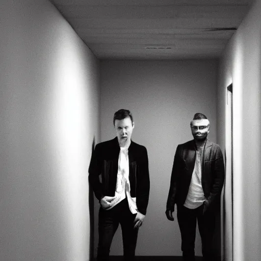 Prompt: album cover, two men standing at the end of a hallway