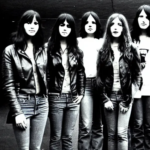 Image similar to group of 1 9 - year - old girls wearing black leather jackets and denim jeans, long wavy hair, as a giant blob mashed together like a transporter accident with arms and legs protruding at unnatural angles, proto - metal band promo, band promo, hard rock band, 1 9 7 0 photograph