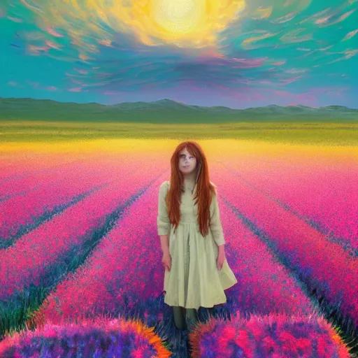 Image similar to girl with a sunflower face, surreal photography, bizzare, dreamlike, otherworldly, standing in flower field, in a valley, sunrise dramatic light, impressionistic painting, colorful clouds, artstation, simon stalenhag