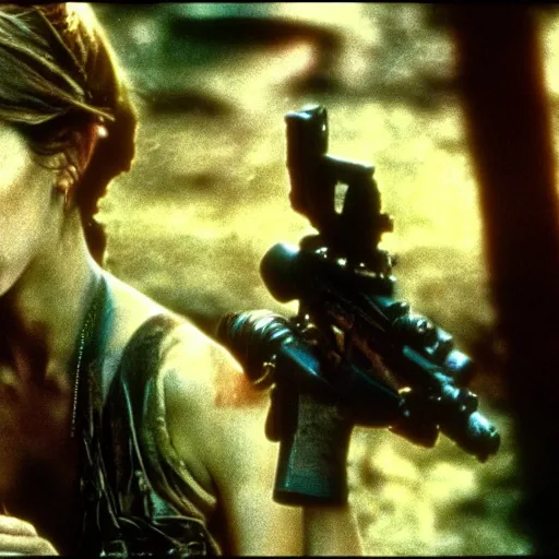 Image similar to film still, extreme far view, emma watson vietnam door gunner, film still from apocalypse now ( 1 9 7 9 ), 2 6 mm, kodak ektachrome, blue tint expired film,