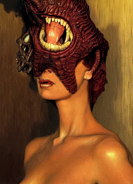 Image similar to upper body and head portrait of the despicable lamia in victorian living room, by lawrence alma-tadema and zdzislaw beksinski and norman rockwell and jack kirby and tom lovell and greg staples, artstation creature art