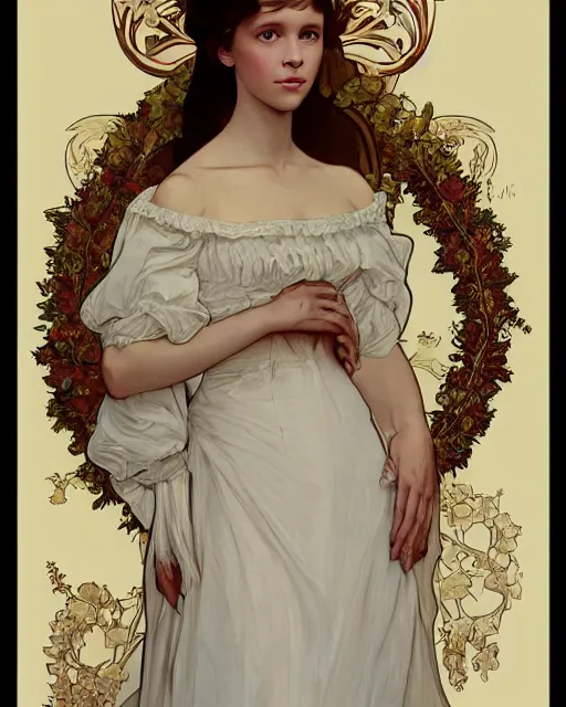 Prompt: a painting of a girl resembling alicia vikander or millie bobby brown in a wedding dress, highly detailed, intricate, artstation, by alphonse mucha