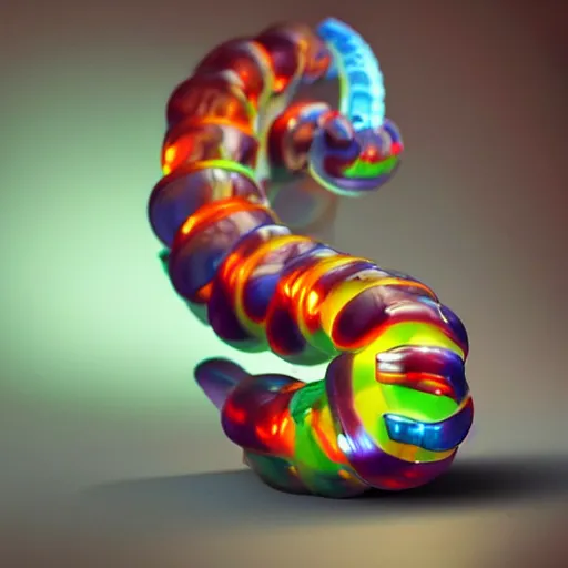 Prompt: a futuristic robotic gummi worm. dramatic product lighting. it's a gummi with extra juiciness. but it's also a worm. ick. in a magical side alley, the worm is on display in a trendy food truck. digital art, sci - fi, fantasy, fairytale, 4 k.