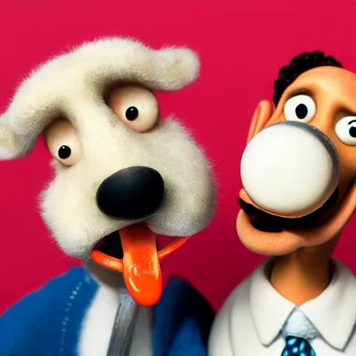 Prompt: wallace and gromit as real people, mugshot, photograph, white background, 3 5 mm