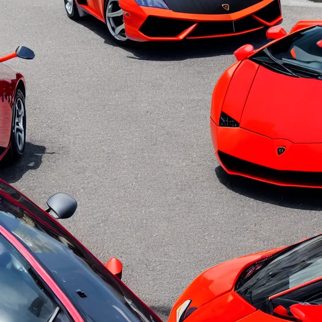 Image similar to a red lamborghini and an orange bugatti veyron facing eachother