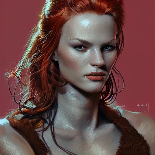 Image similar to Portrait of Sonja Red, intricate upper body, whole body, highly detailed, digital painting, artstation, concept art, smooth, sharp focus, illustration, art by Hajime Sorayama