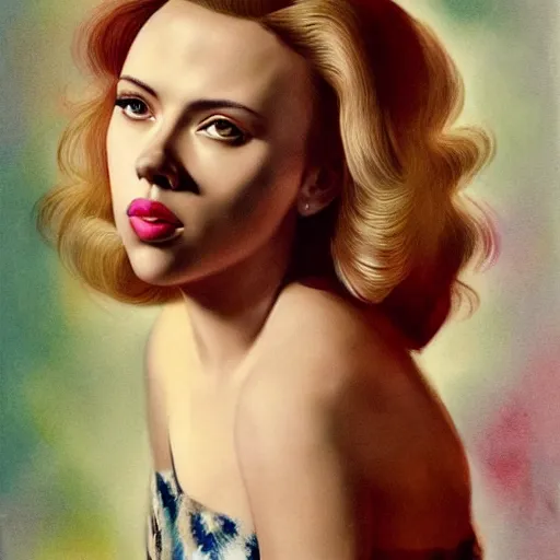 Image similar to “Scarlett Johansson portrait, color vintage magazine illustration 1950”