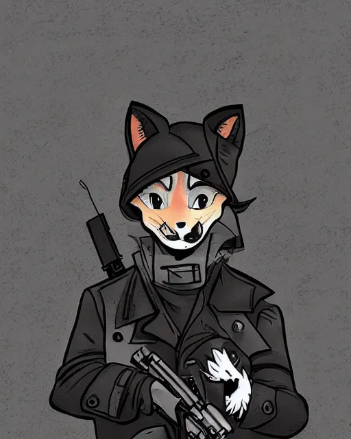 Image similar to a fox wearing a black trench - coat holding a mini - gun, comic art style, digital art,