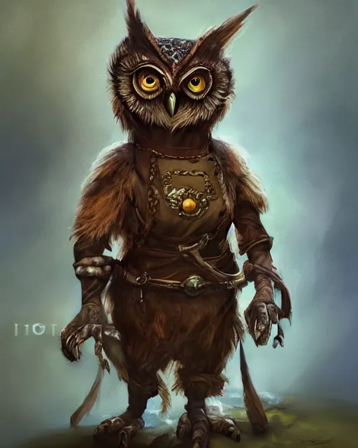 Image similar to High Fantasy whimsical portrait painting of a wise humanoid owl with a human shaped body, talon claws for feet, leg high, wearing an apron, wearing fantasy clothing, cgsociety, trending on artstation, dnd