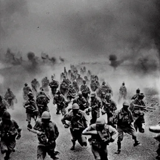 Image similar to the running soldiers in the d - day, by robert capa,