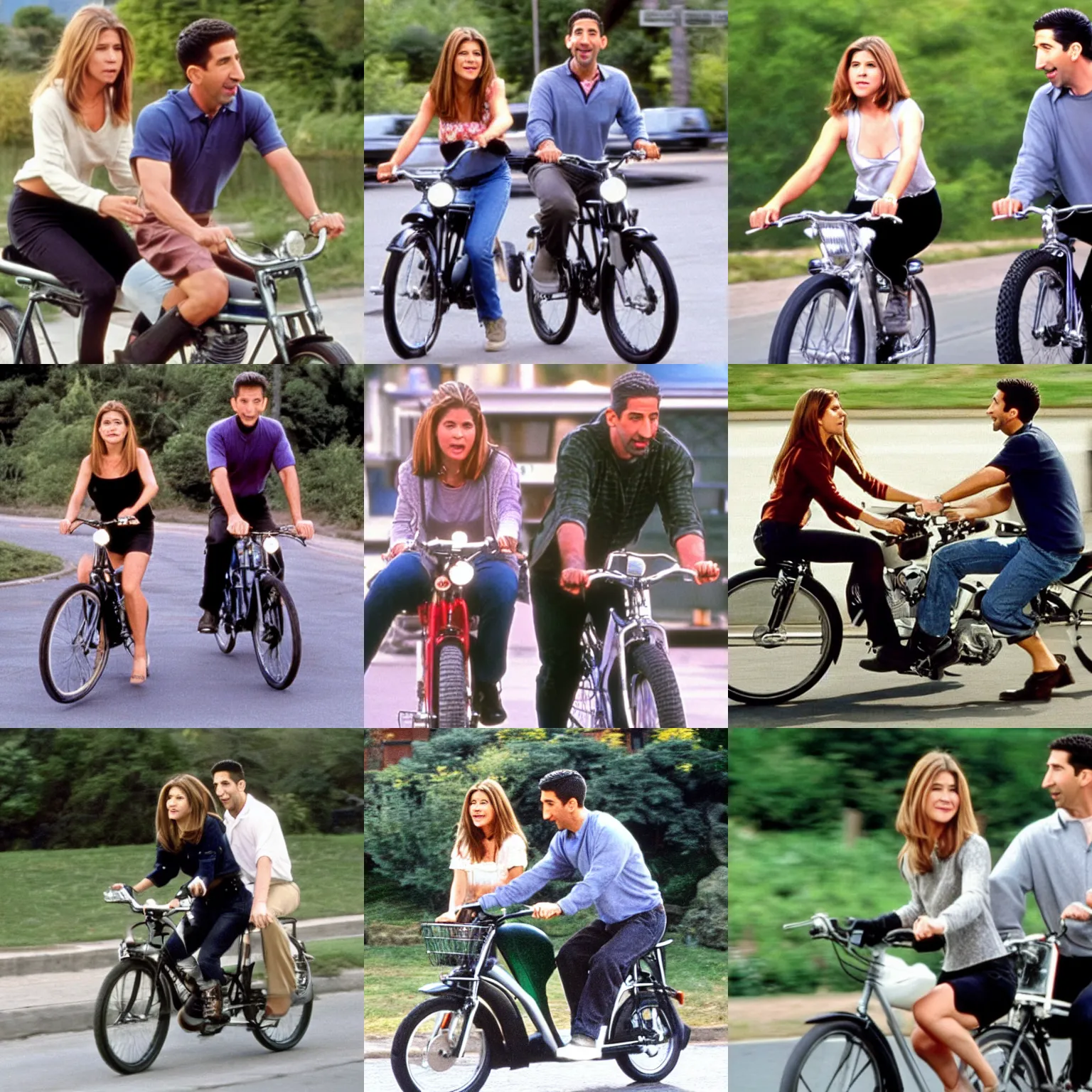 Prompt: rachel green and ross geller on a bike