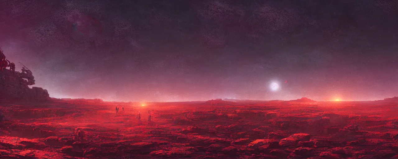 Image similar to ” barren landscape at night, [ cosmic, cinematic, detailed, epic, widescreen, opening, establishing, mattepainting, photorealistic, realistic textures, octane render, art by wlop and paul lehr ] ”