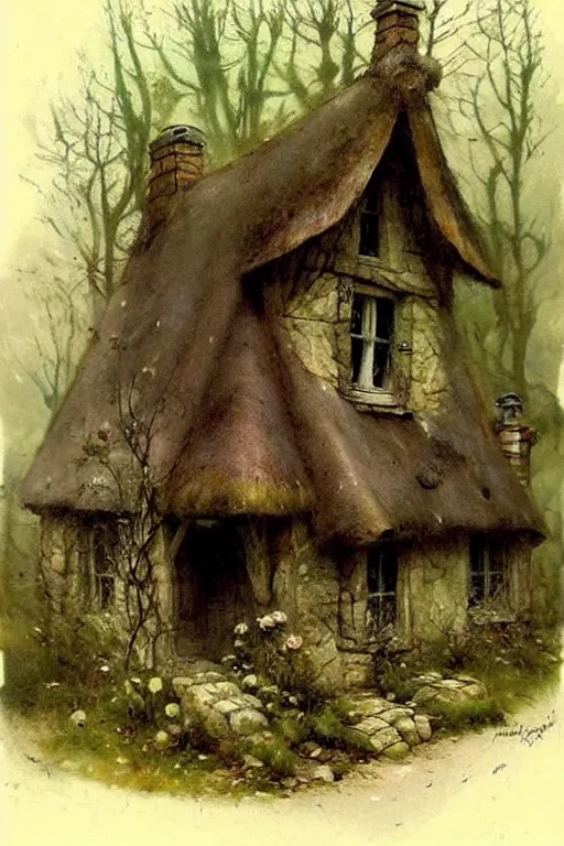 Prompt: (((((1950s witches cottage in the woods . muted colors.))))) by Jean-Baptiste Monge !!!!!!!!!!!!!!!!!!!!!!!!!!!