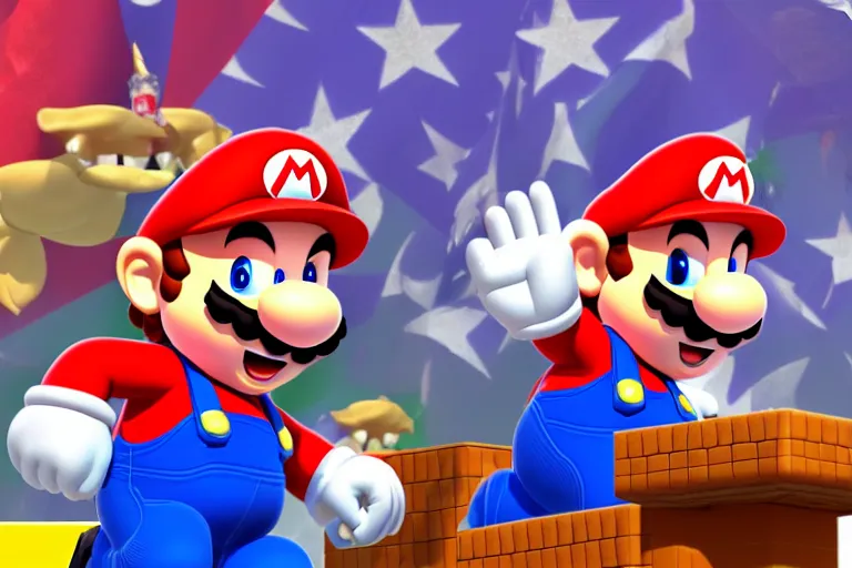 Prompt: super mario as the president of the usa giving a speech to the world, usa flag background, photorealistic, 8 k