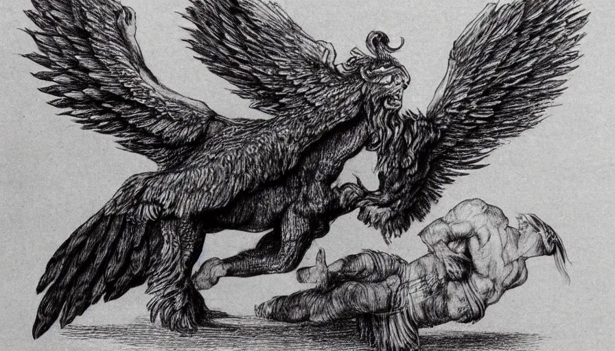 Image similar to human / eagle / lion / ox hybrid. horns, beak, mane, human body. drawn by da vinci